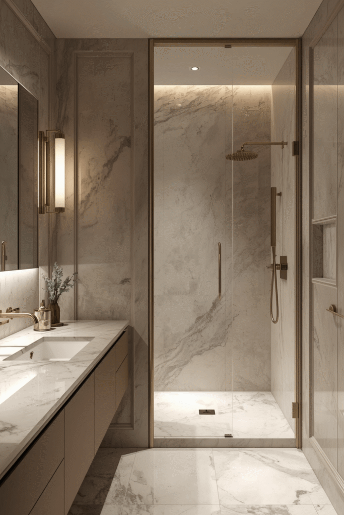 Brushed brass or matte gold hardware throughout, consistently