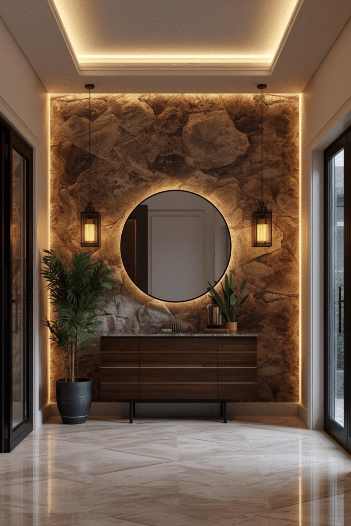 Dark basalt or slate tile as a feature wall