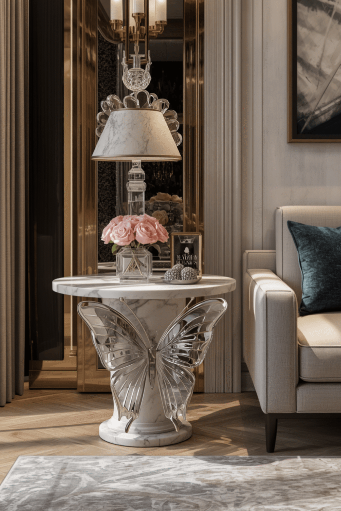 In a bedroom corner beside an armchair or reading nook