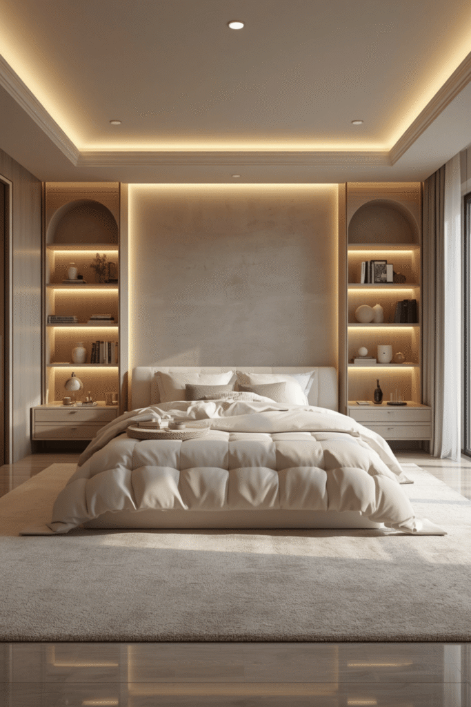 LED strip lighting recessed behind the headboard