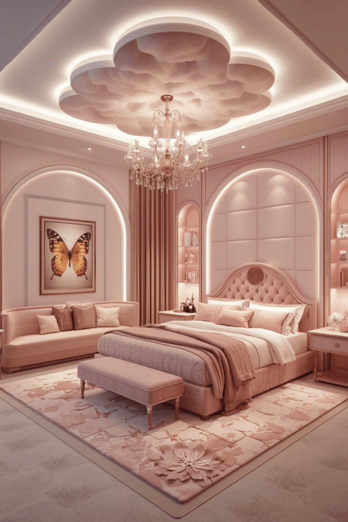 Layered blush and ivory bedding with textured pillow covers