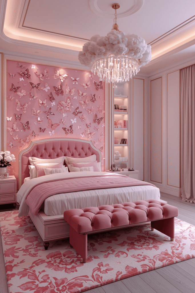 Matching bedside lamps in a warm pink or gold finish