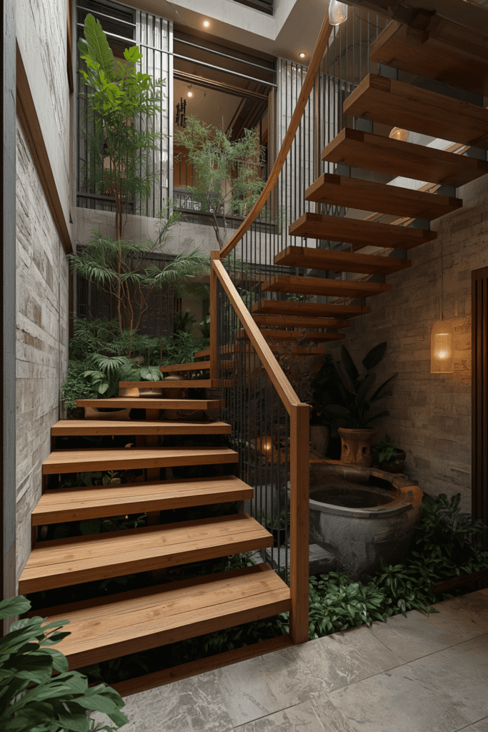 Pendant Lights at Varying Heights Through the Stair Void