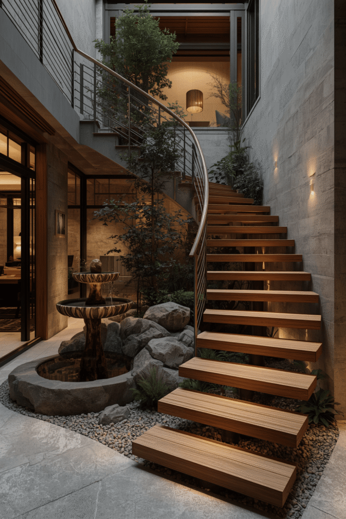 Recessed Stair Tread Lighting That Spills Onto Plants Below