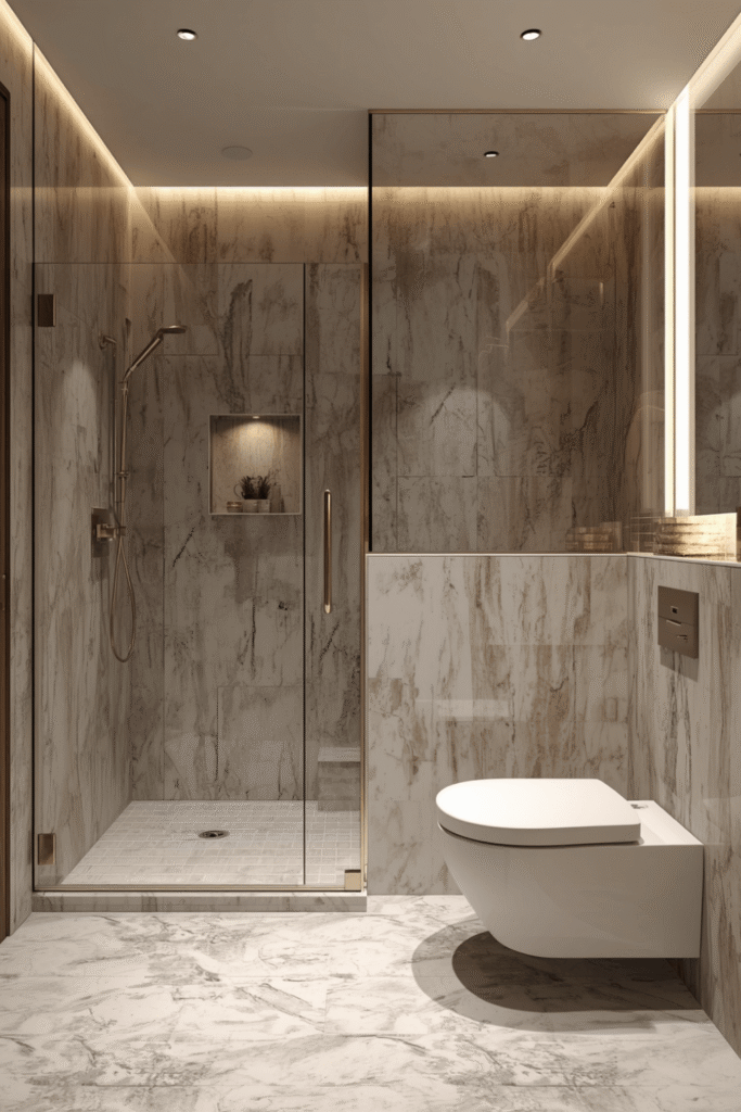 Recessed niche shelving inside the shower