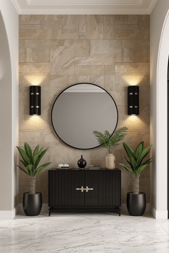 Stacked ledger stone from floor to ceiling on the entry wall