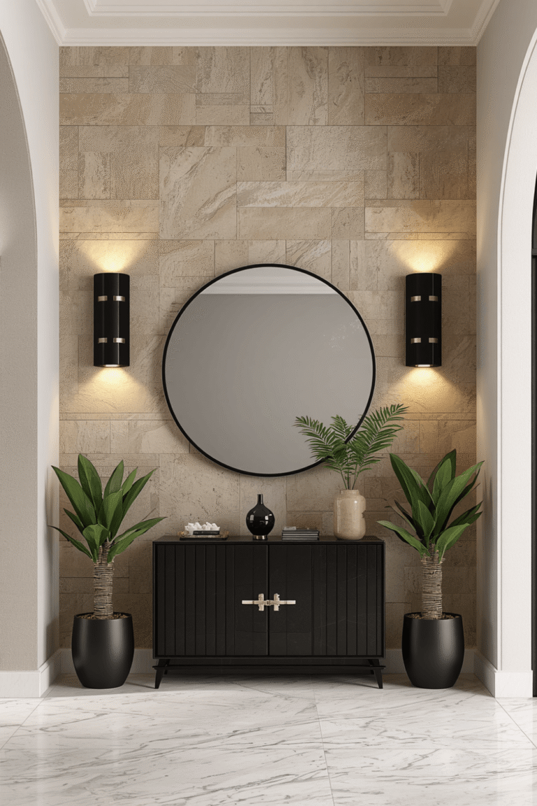 Stacked ledger stone from floor to ceiling on the entry wall