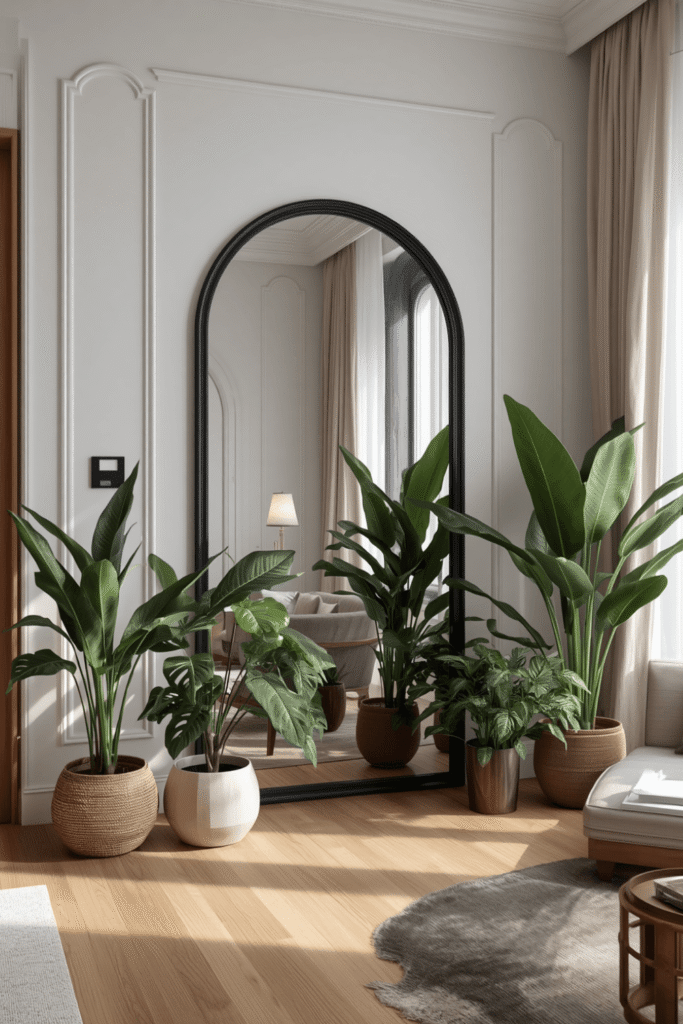 Warm ambient lighting near the plant corner, not overhead