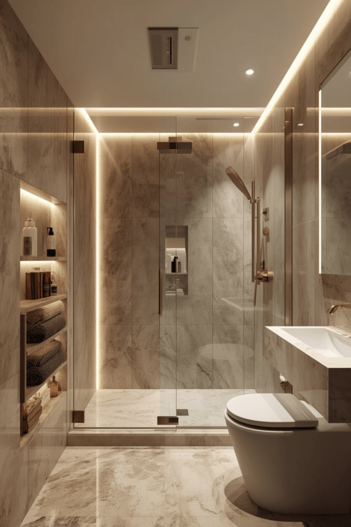 Warm, dimmable sconces flanking the mirror