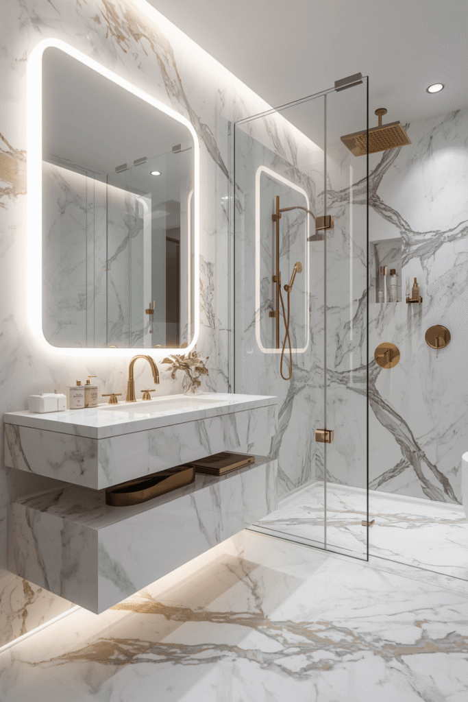 Warm wall sconces flanking the mirror at eye level