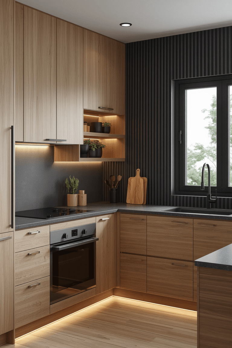 1. Modern L-Shaped Kitchen Design with Warm LED Lighting