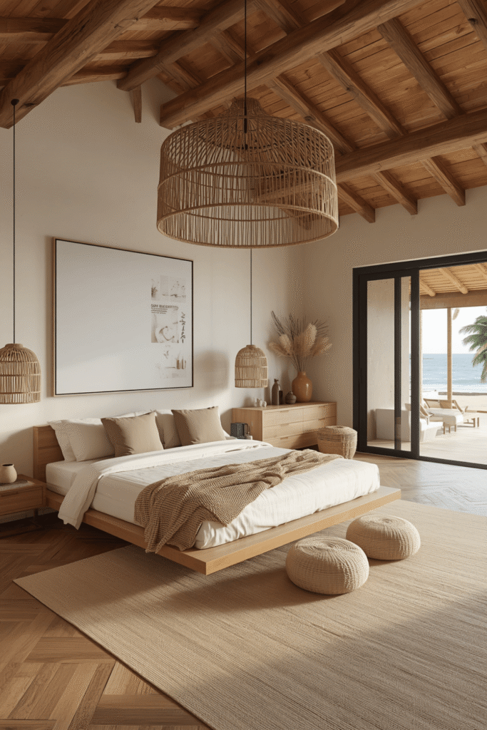 2. Balance dark wood with soft, light textiles