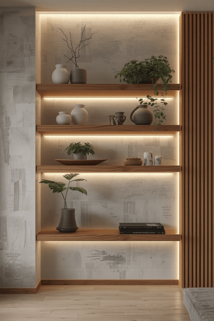 Built in shelves with integrated lighting
