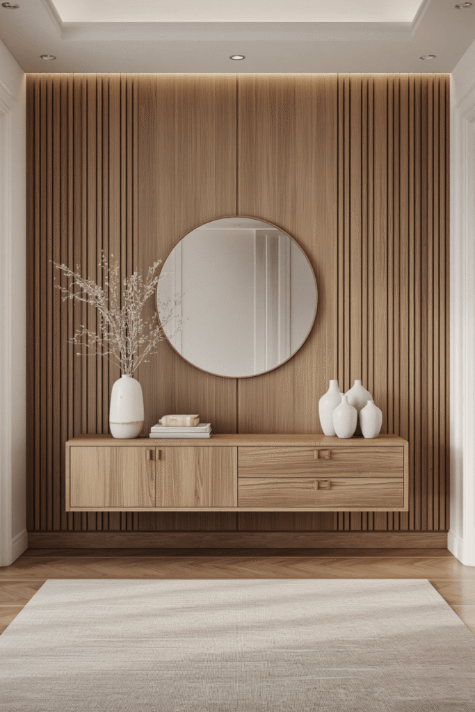 Concrete-look console with a brass round mirror