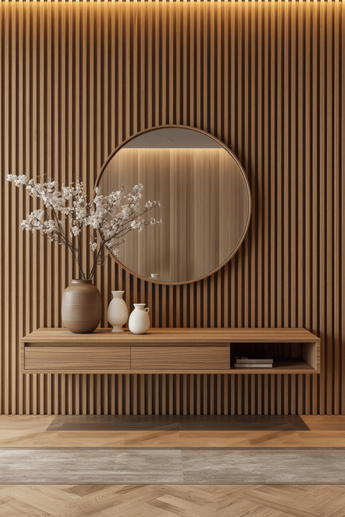 Dark walnut console with a matte black round mirror