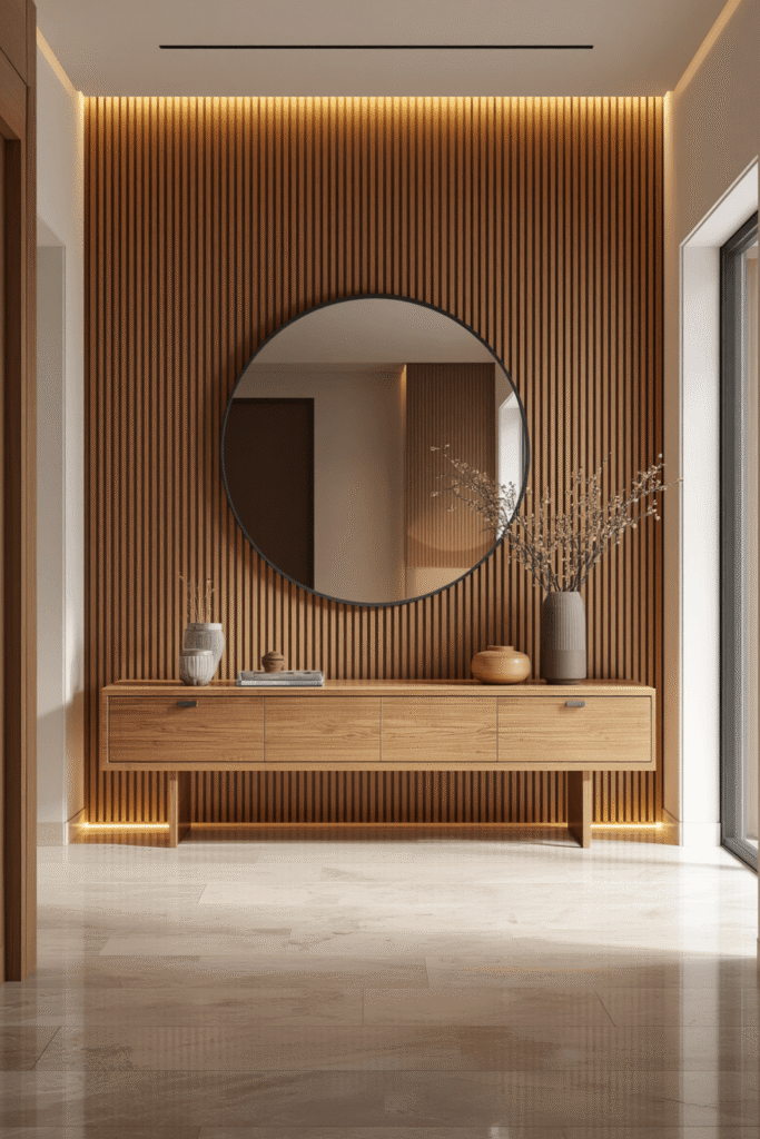 Floating oak console with a single round mirror