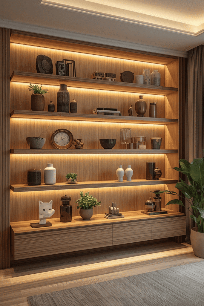 Floating shelf above a console or credenza
