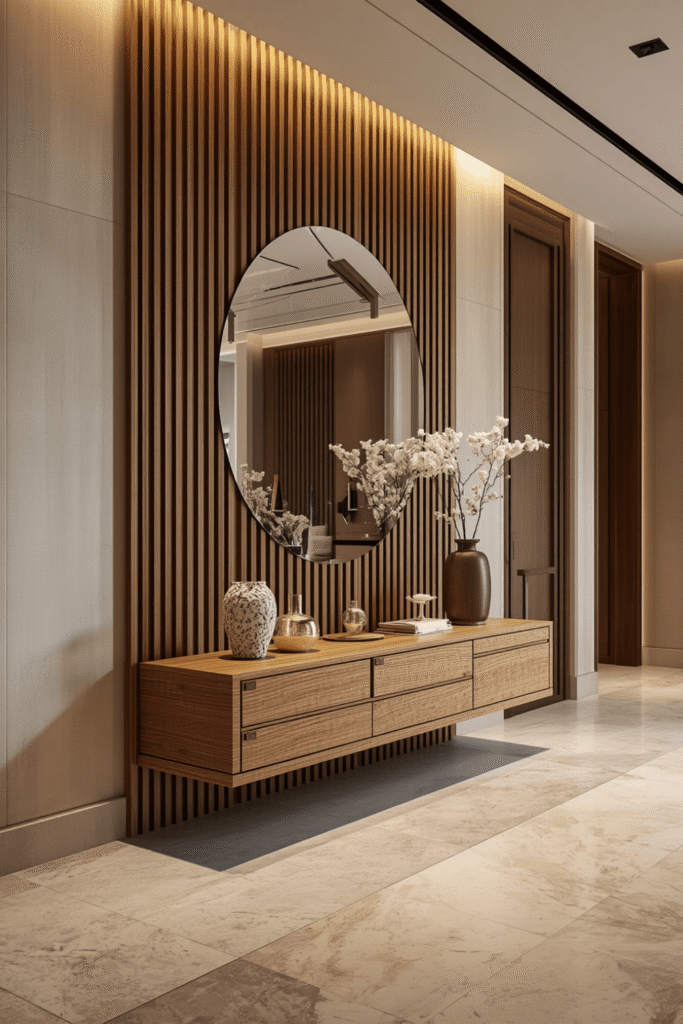 Floor-to-ceiling wood slat wall with integrated lighting