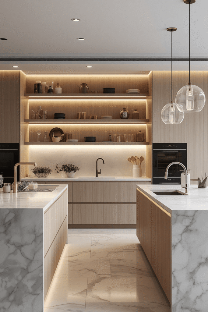Glass-Front Upper Cabinets with Interior LEDs