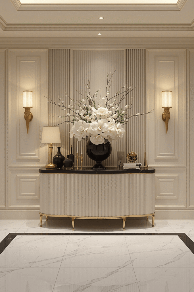 Gold Wall Sconces Flanking a Mirror