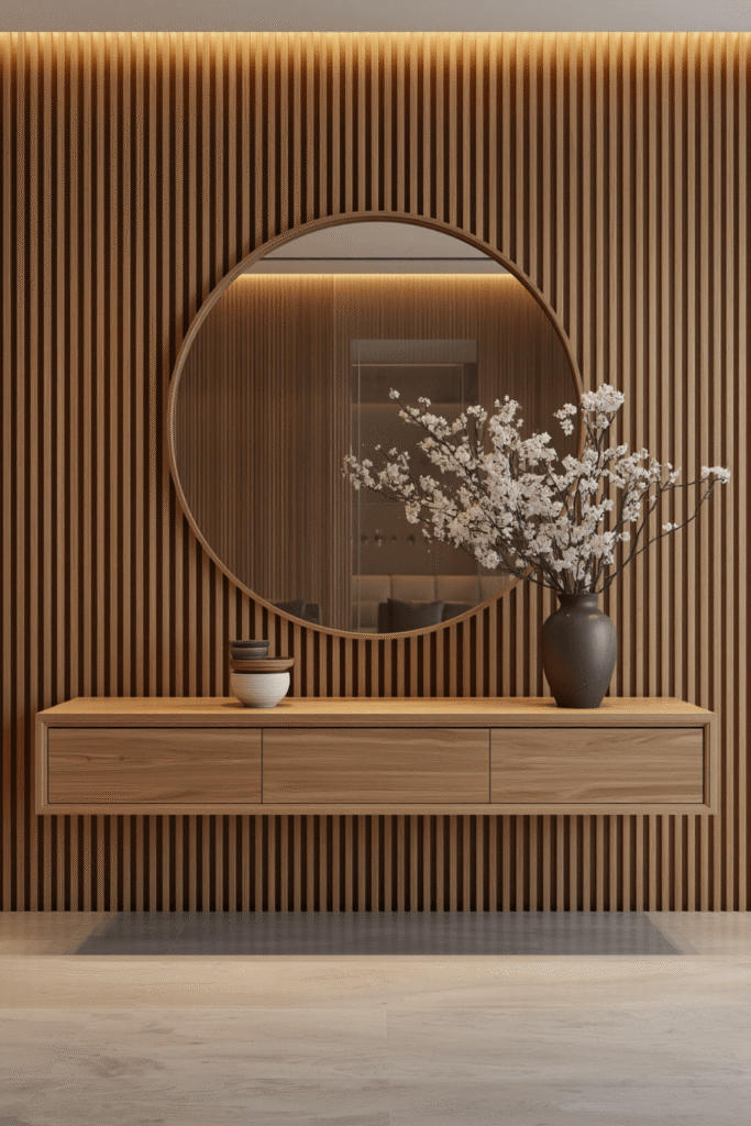 Light ash wood console with a woven round mirror