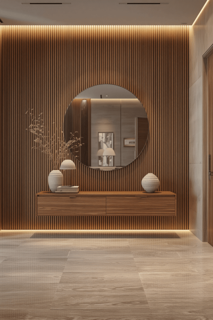 Low floating console with a single ceramic vase