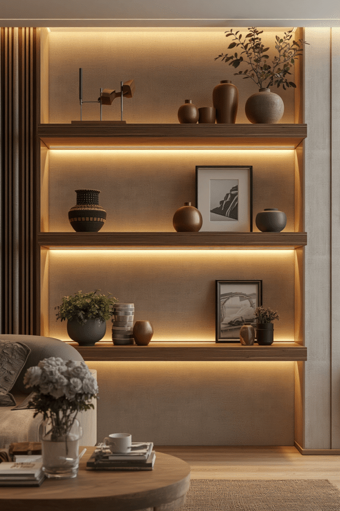 Matte black shelf against a white wall