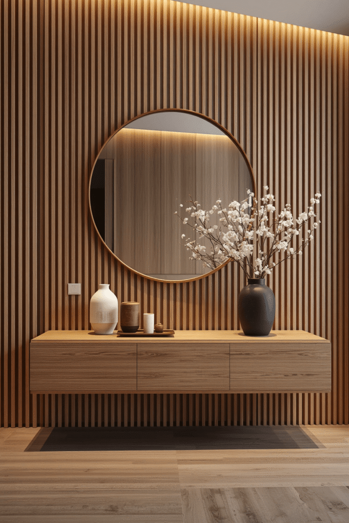 Pale oak slats with brass hooks