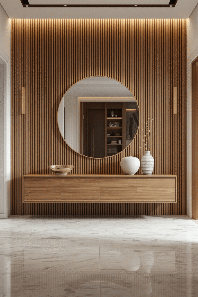 Paper lantern-style pendant over the console