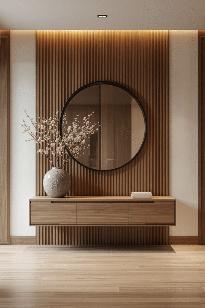Sheepskin throw over a floating bench