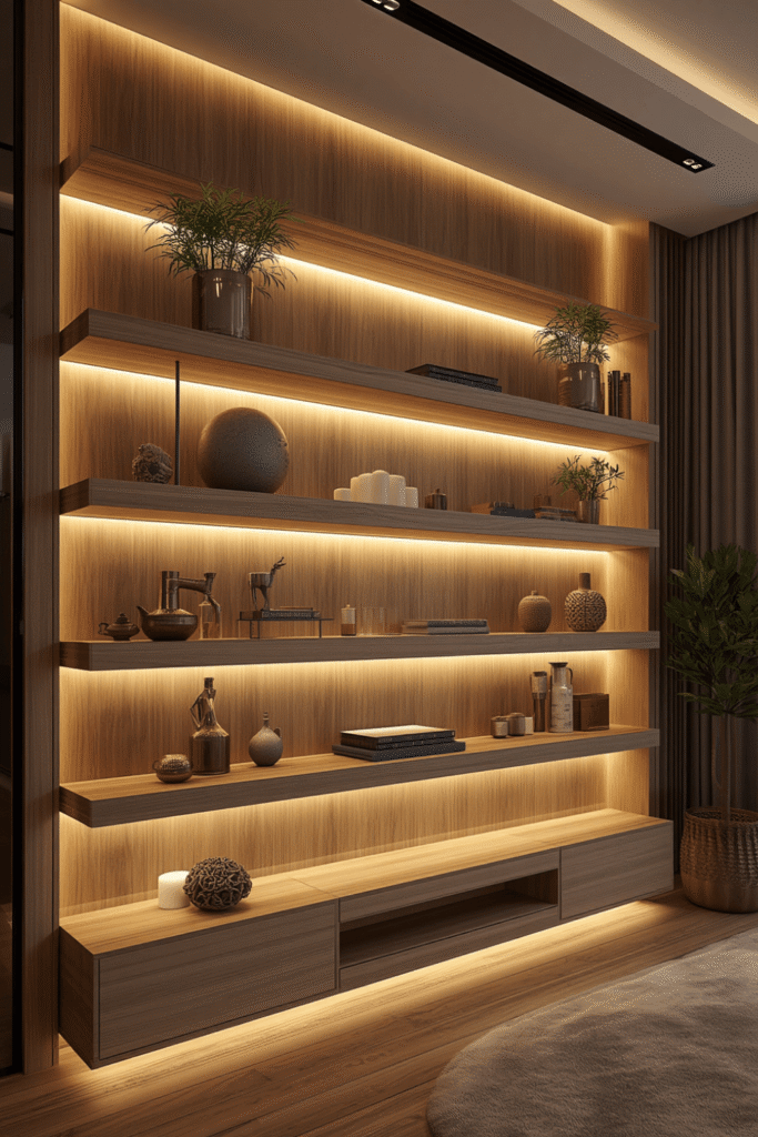 Shelf paired with a wood slat wall panel