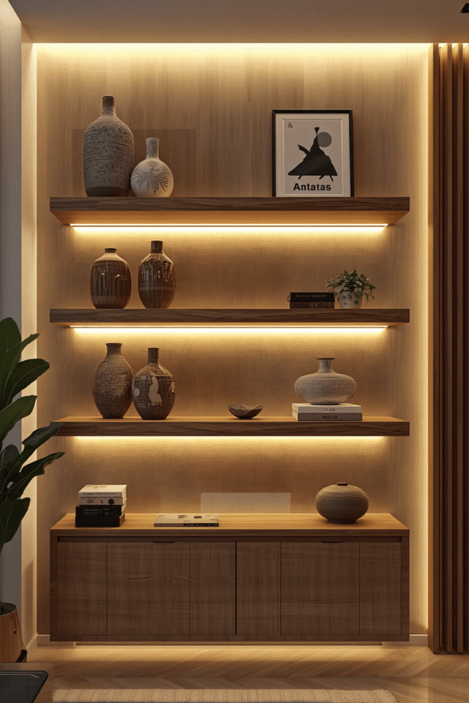 Shelf positioned beside a TV wall