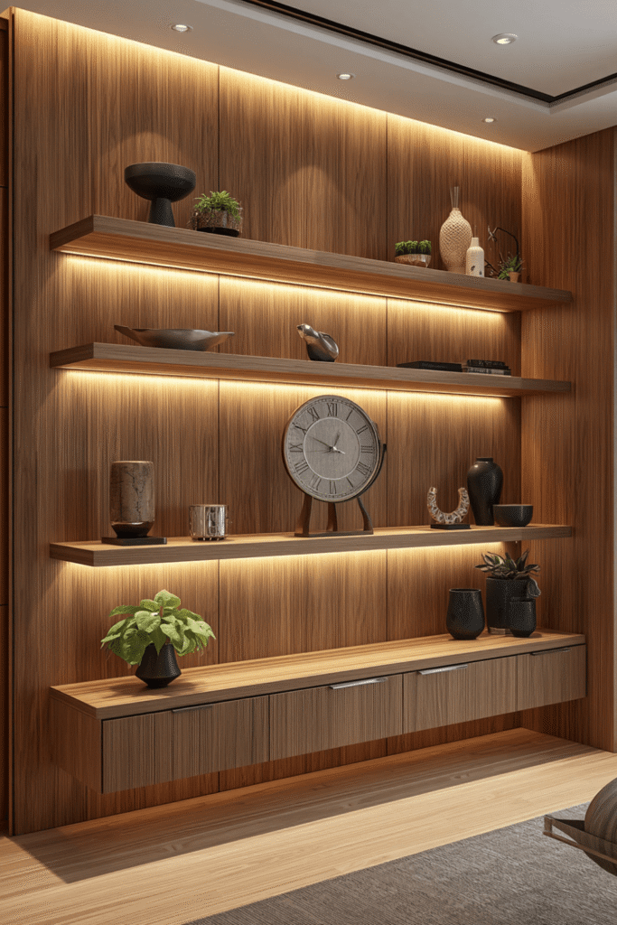 Shelf with a paper lantern-style lamp instead of LED strip