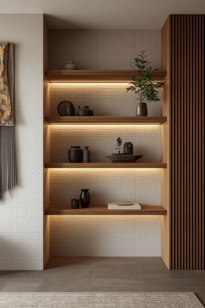 Shelf with a woven basket for hidden storage