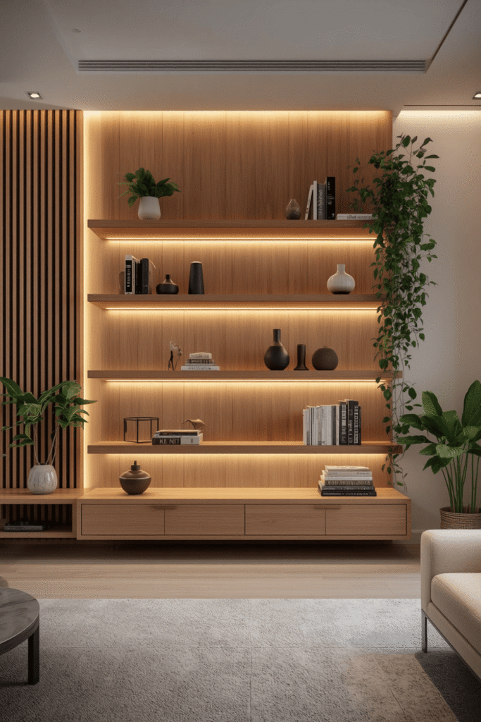 Single oak floating shelf with warm LED underglow