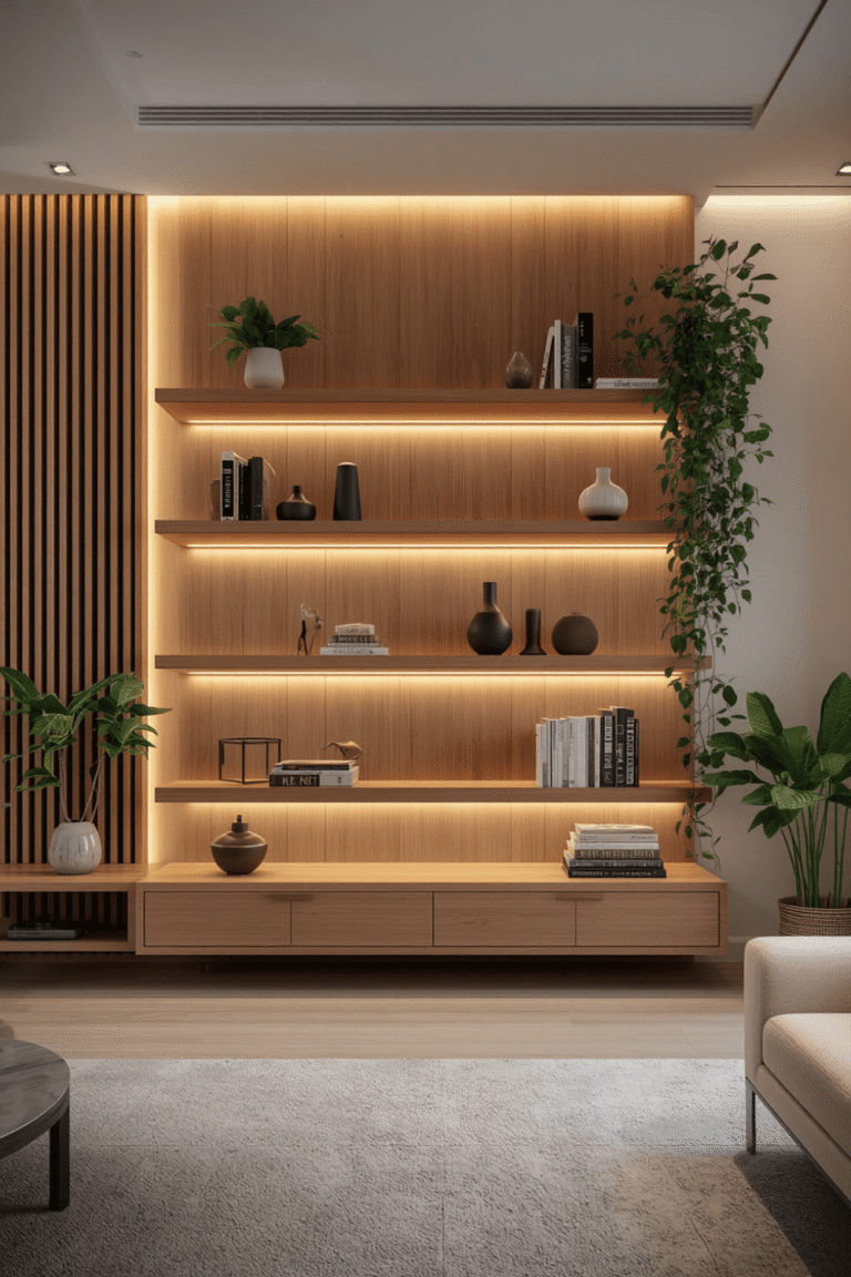 Single oak floating shelf with warm LED underglow