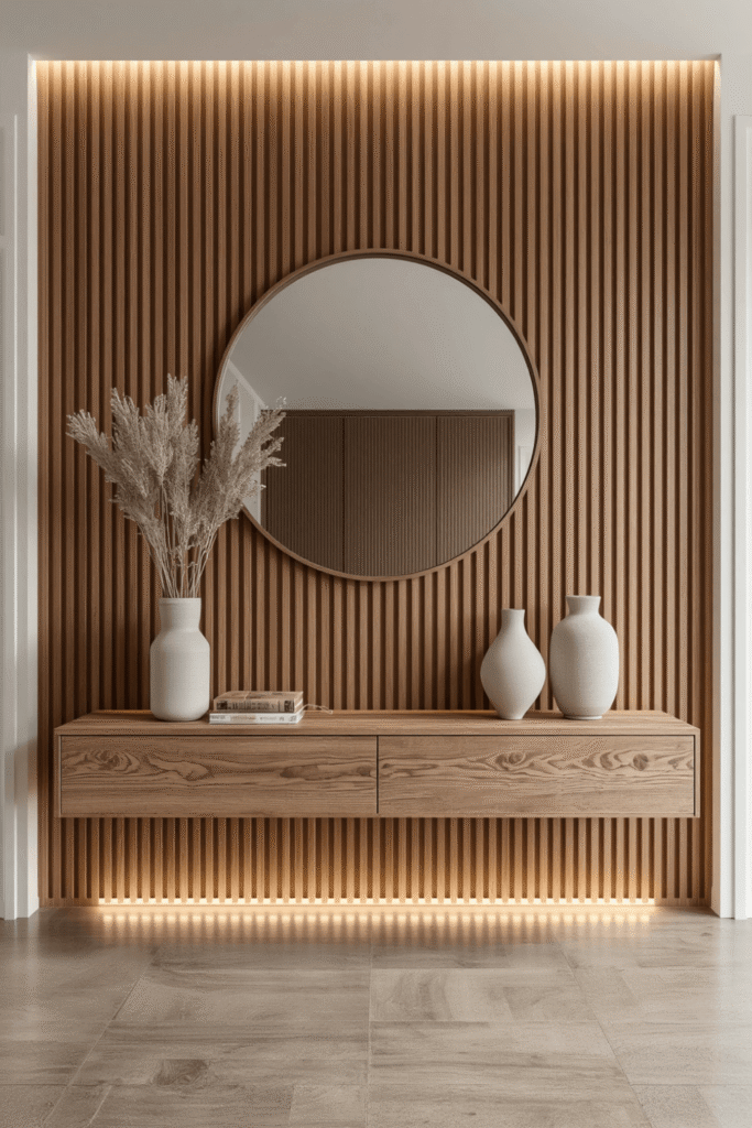 White slat wall with a birch console