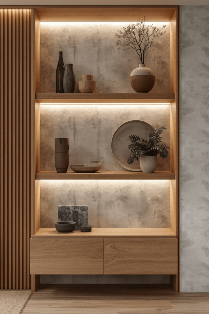 Wraparound corner shelf with LED strip