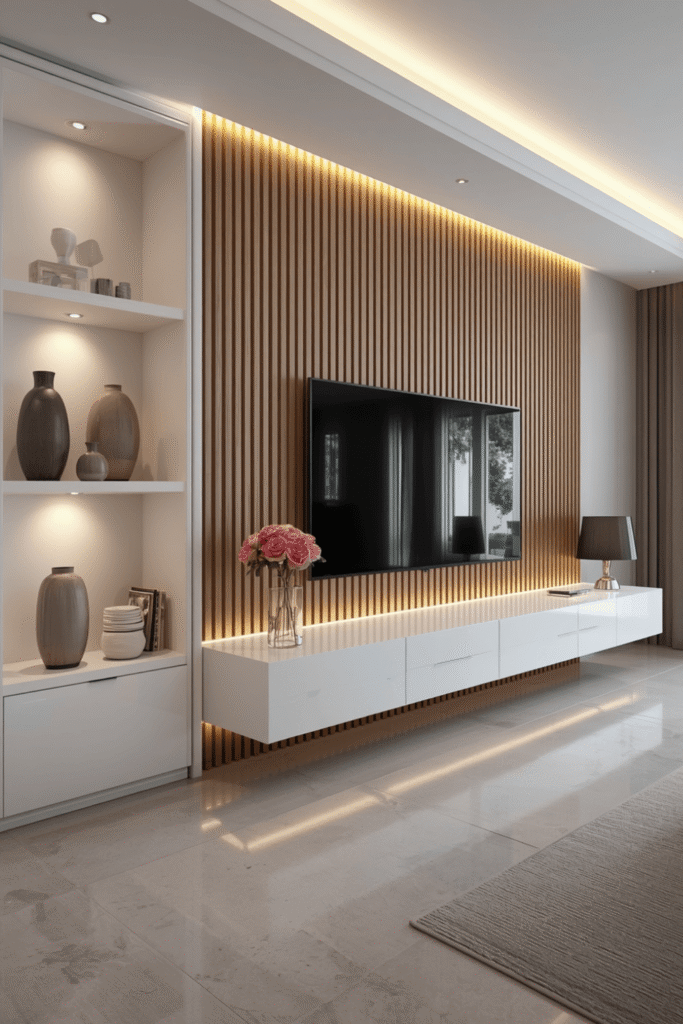 1. Floor-to-ceiling vertical wood slats behind the TV