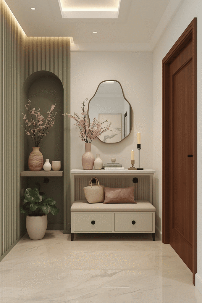 2. Neutral Entryway Decor Alongside Sage