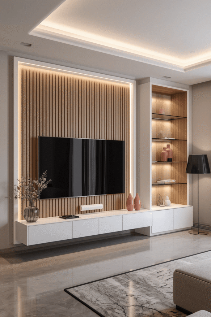 4. A recessed niche in the slat wall for the TV to sit within