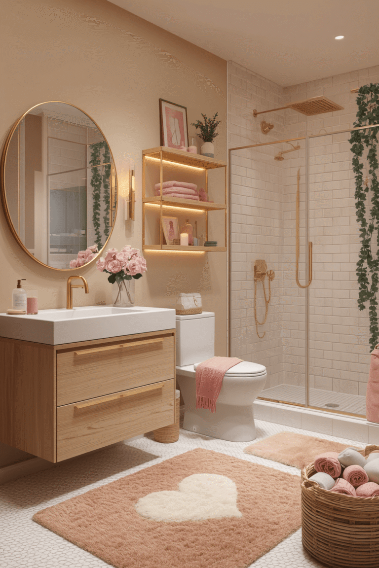 2. Pink Bathroom Decor Layering