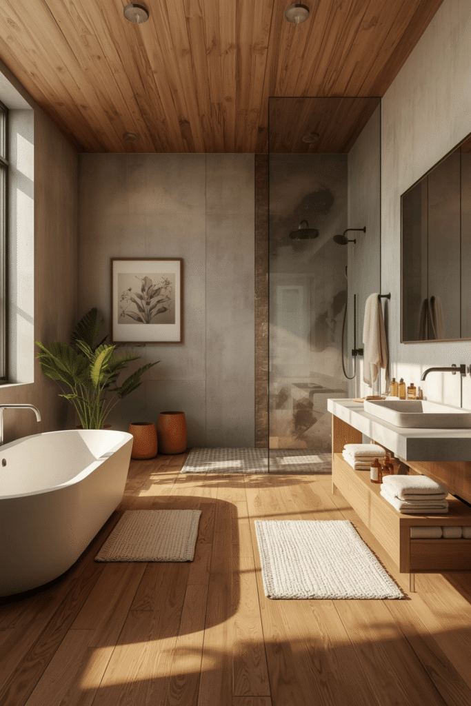 5. Wood And Concrete Bathroom