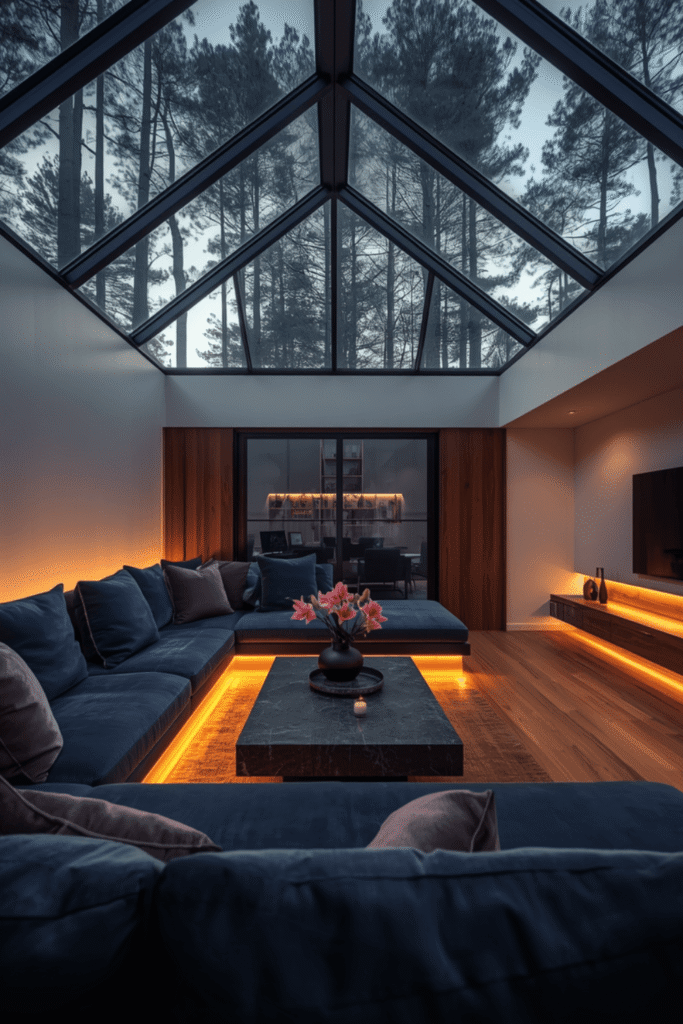 Balancing Dark Blue With Warm Wood Tones