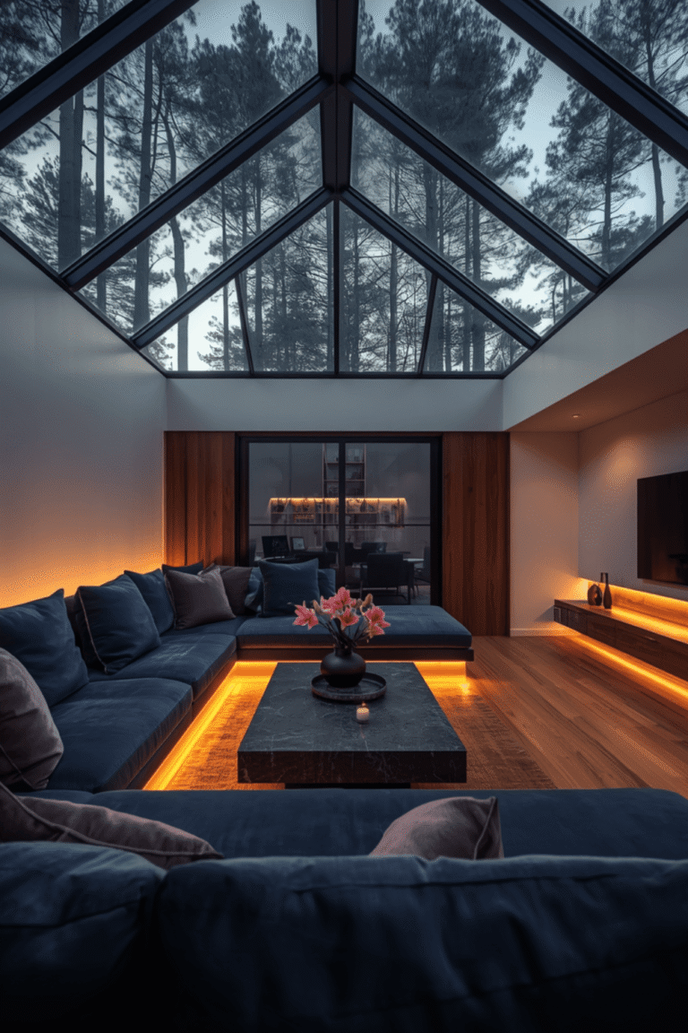 Balancing Dark Blue With Warm Wood Tones